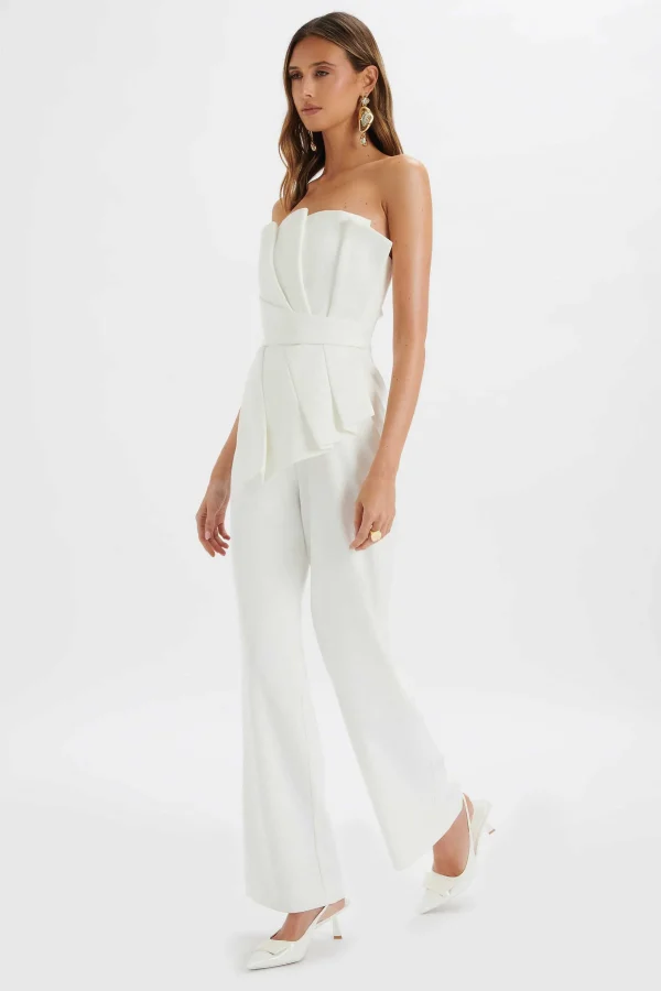 Sale Lavish Alice Elara Asymmetric Pleated Frill Straight Leg Jumpsuit In White