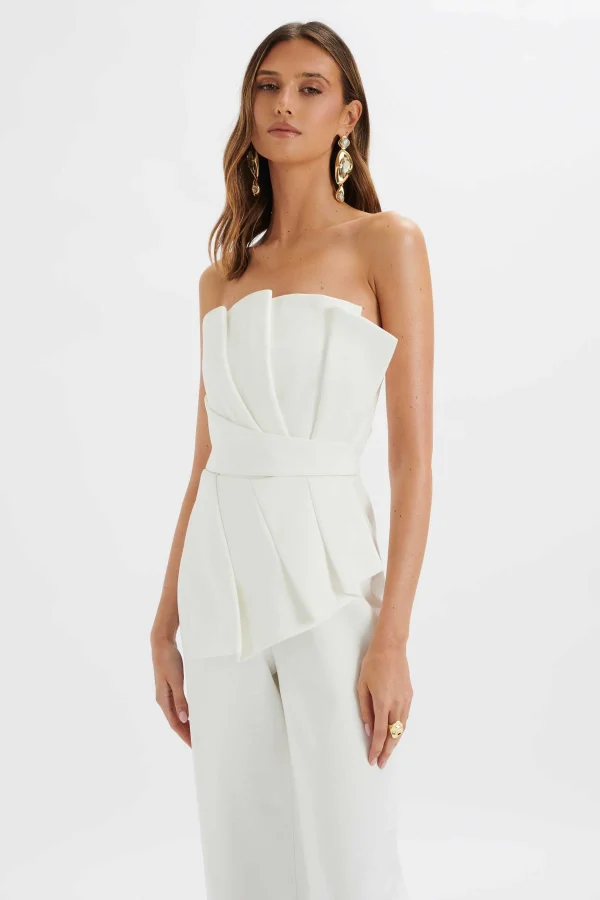 Sale Lavish Alice Elara Asymmetric Pleated Frill Straight Leg Jumpsuit In White