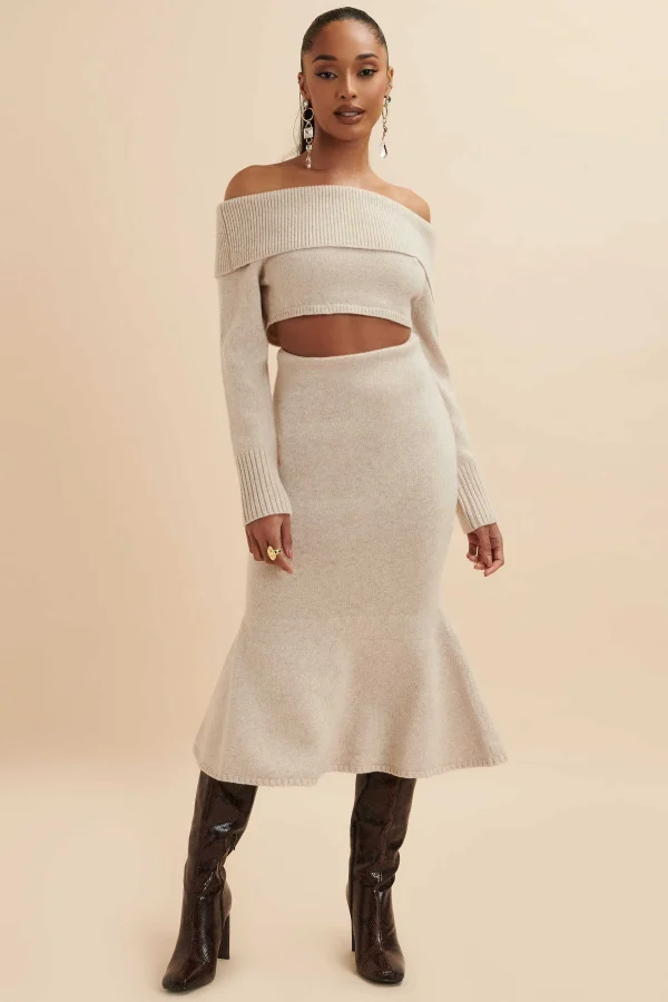 Flash Sale Lavish Alice Eleni Knitted Wool Fit & Flare Midi Skirt In Stone