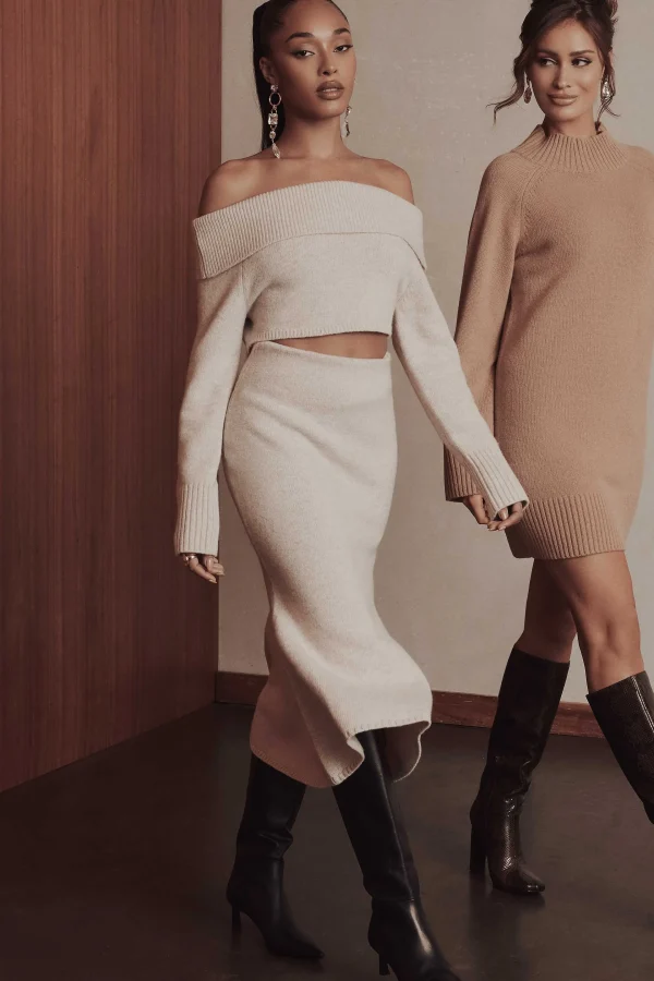 Flash Sale Lavish Alice Eleni Knitted Wool Fit & Flare Midi Skirt In Stone