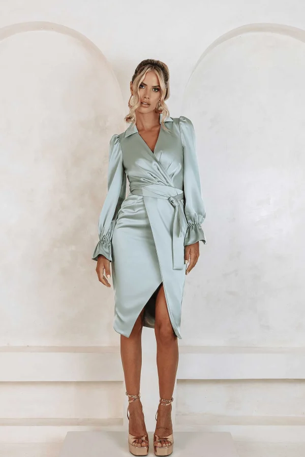 Best Lavish Alice Elise Satin Wrap Shirt Dress In Sage