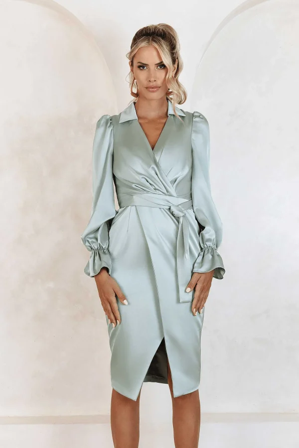 Best Lavish Alice Elise Satin Wrap Shirt Dress In Sage