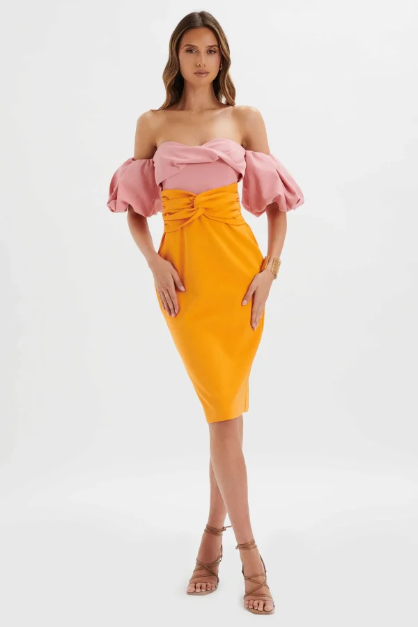 Discount Lavish Alice Eliza Colour Block Twisted Midi Dress In Pink & Papaya