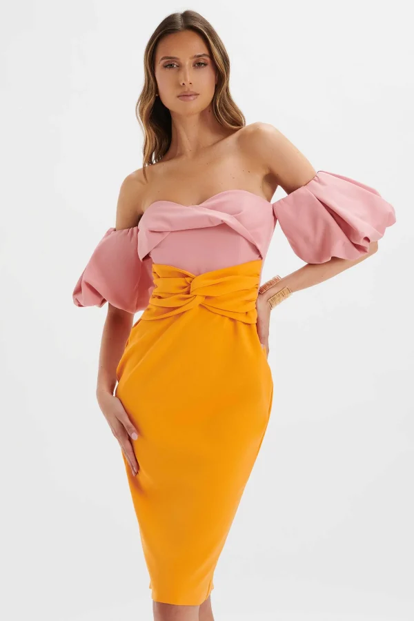 Discount Lavish Alice Eliza Colour Block Twisted Midi Dress In Pink & Papaya