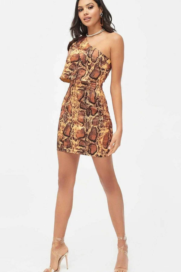 Best Lavish Alice Emilia Satin One Shoulder Cape Mini Dress In Golden Yellow Snake Print