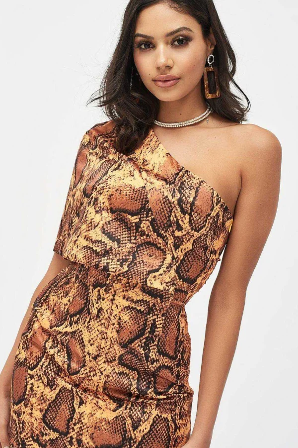 Best Lavish Alice Emilia Satin One Shoulder Cape Mini Dress In Golden Yellow Snake Print