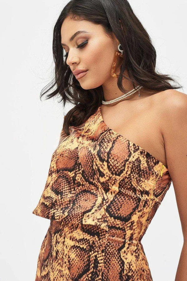 Best Lavish Alice Emilia Satin One Shoulder Cape Mini Dress In Golden Yellow Snake Print