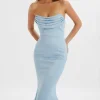 Best Sale Lavish Alice Freya Bonded Satin Cowl Neck Maxi Dress In Dusty Blue