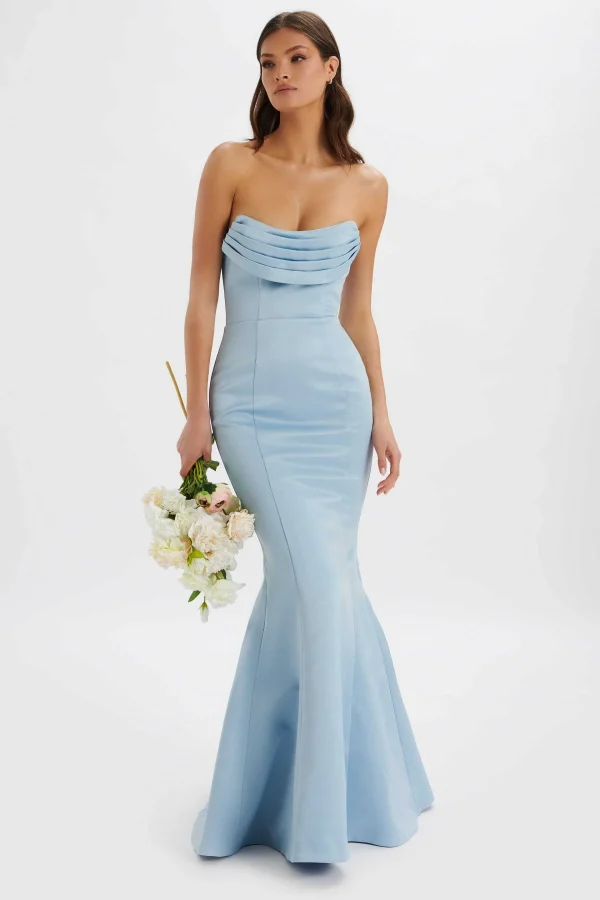 Best Sale Lavish Alice Freya Bonded Satin Cowl Neck Maxi Dress In Dusty Blue