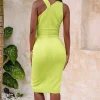 Store Lavish Alice Gwendolyn Cross Neck Pleat Waist Midi Dress In Chartreuse