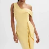 Sale Lavish Alice Hannah Pleated Asymmetric Off Shoulder Midi Dress In Pastel Yellow