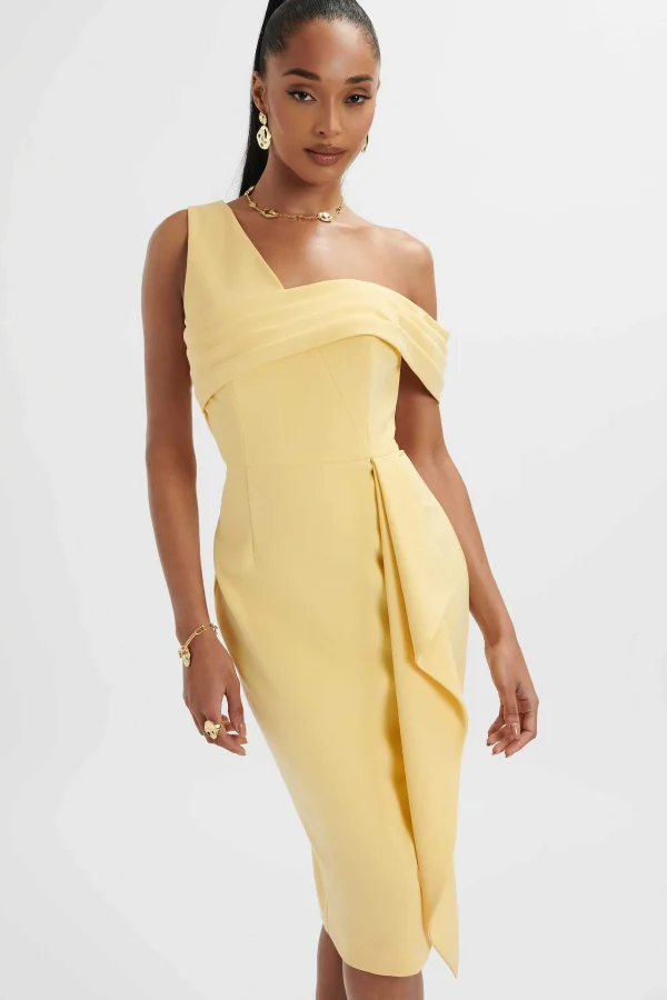 Sale Lavish Alice Hannah Pleated Asymmetric Off Shoulder Midi Dress In Pastel Yellow