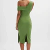 Sale Lavish Alice Hannah Pleated Asymmetric Off Shoulder Midi Dress In Green