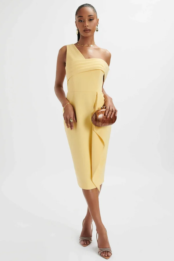 Sale Lavish Alice Hannah Pleated Asymmetric Off Shoulder Midi Dress In Pastel Yellow