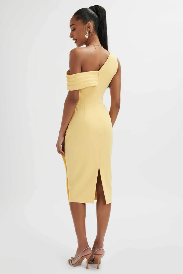 Sale Lavish Alice Hannah Pleated Asymmetric Off Shoulder Midi Dress In Pastel Yellow