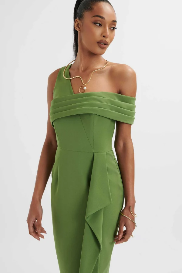 Sale Lavish Alice Hannah Pleated Asymmetric Off Shoulder Midi Dress In Green