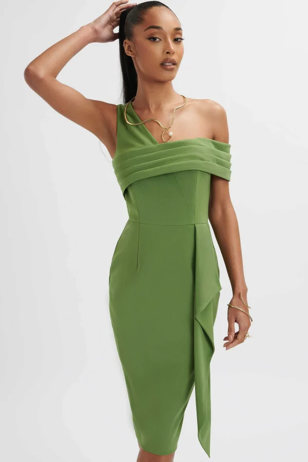 Sale Lavish Alice Hannah Pleated Asymmetric Off Shoulder Midi Dress In Green