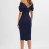 Cheap Lavish Alice Harleen Draped Bardot Bonded Satin Midi Dress In Navy