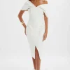 Online Lavish Alice Harleen Draped Bardot Bonded Satin Midi Dress In White