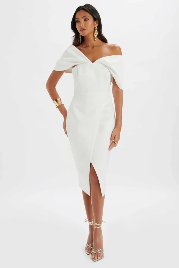 Online Lavish Alice Harleen Draped Bardot Bonded Satin Midi Dress In White