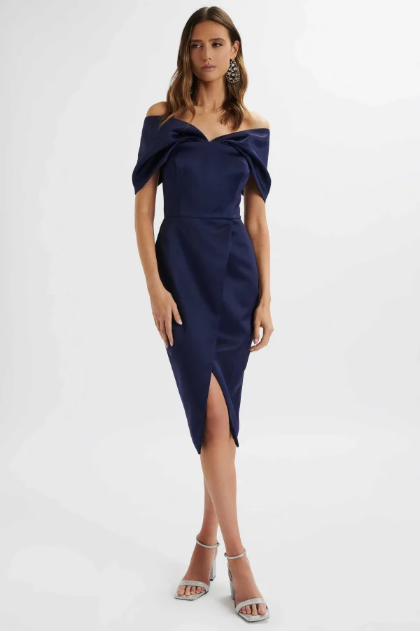 Cheap Lavish Alice Harleen Draped Bardot Bonded Satin Midi Dress In Navy