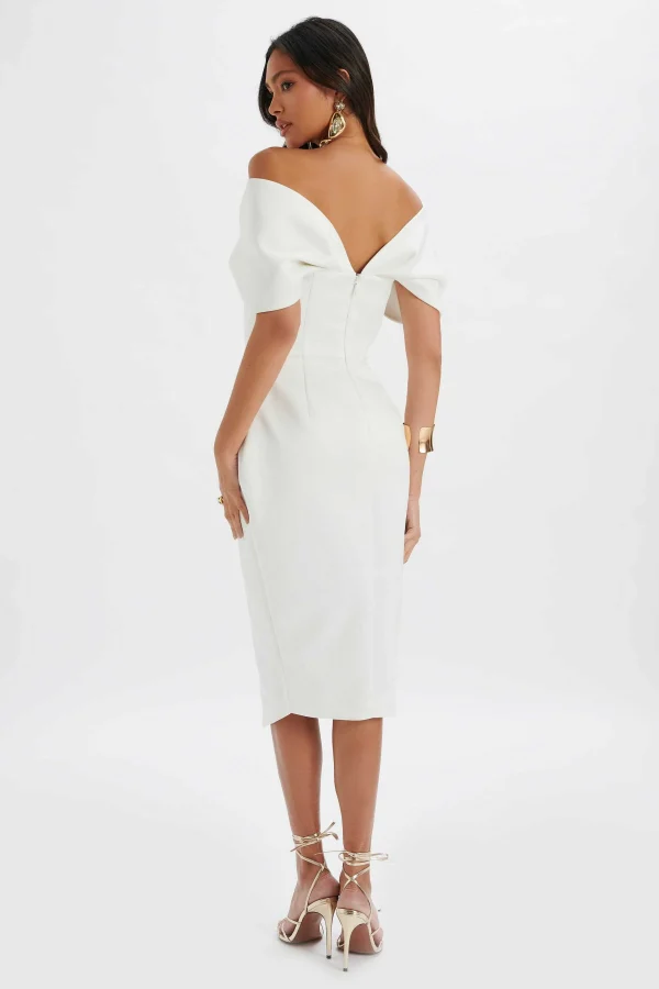 Online Lavish Alice Harleen Draped Bardot Bonded Satin Midi Dress In White