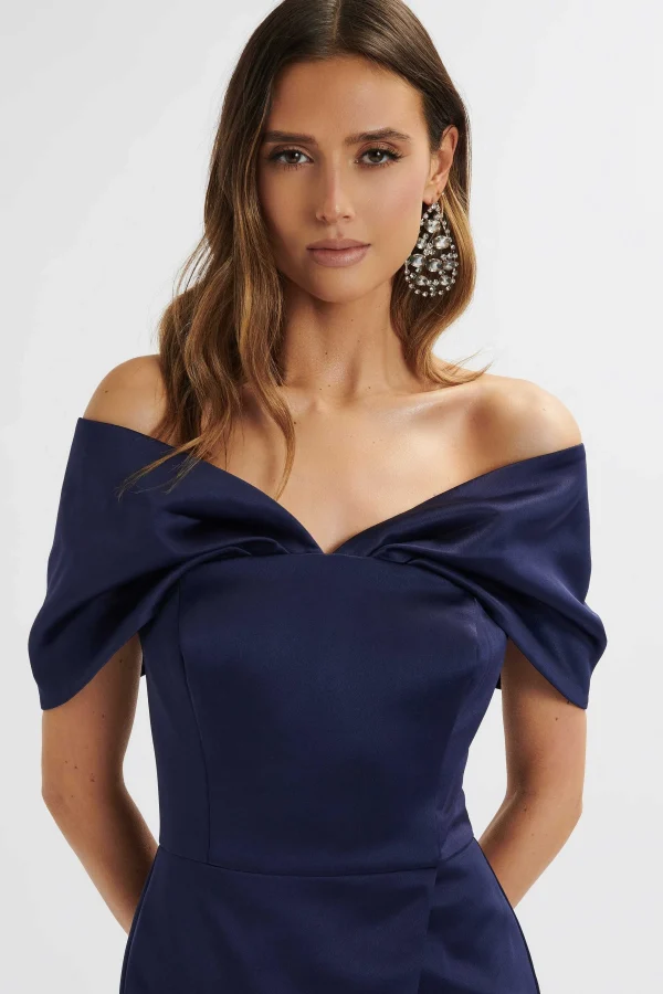 Cheap Lavish Alice Harleen Draped Bardot Bonded Satin Midi Dress In Navy