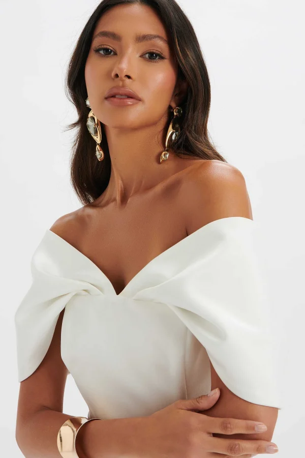 Online Lavish Alice Harleen Draped Bardot Bonded Satin Midi Dress In White