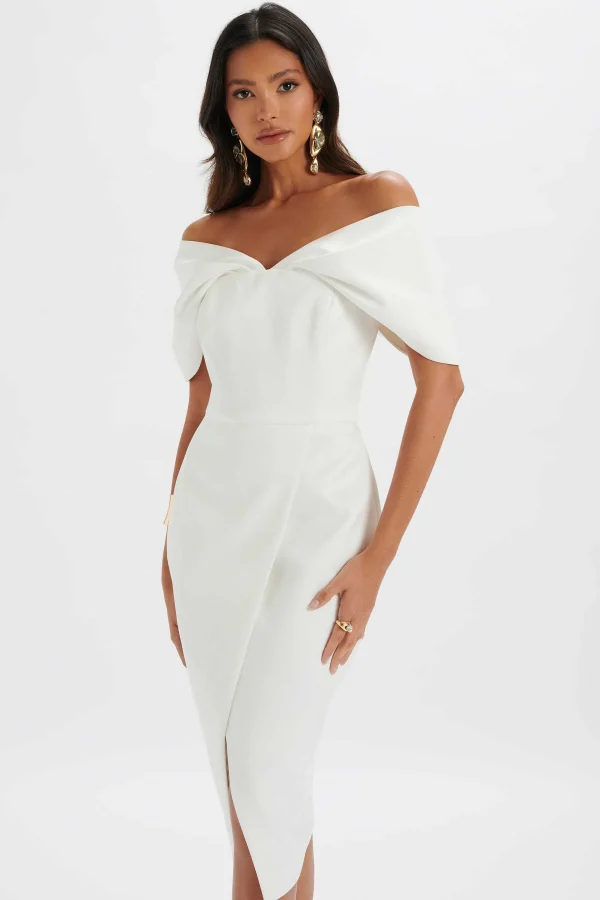 Online Lavish Alice Harleen Draped Bardot Bonded Satin Midi Dress In White