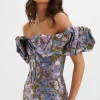 Online Lavish Alice Harlow Jacquard Corset Puff Sleeve Midi Dress In Blue Purple