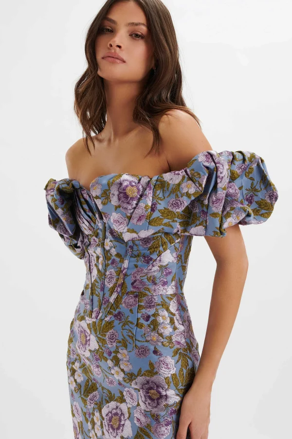 Online Lavish Alice Harlow Jacquard Corset Puff Sleeve Midi Dress In Blue Purple