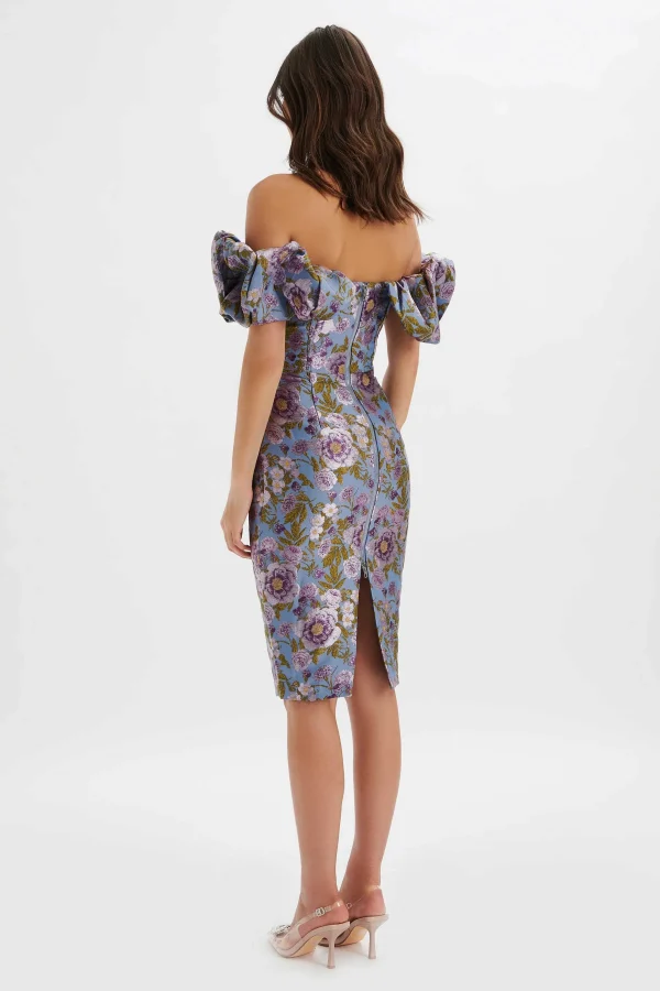 Online Lavish Alice Harlow Jacquard Corset Puff Sleeve Midi Dress In Blue Purple