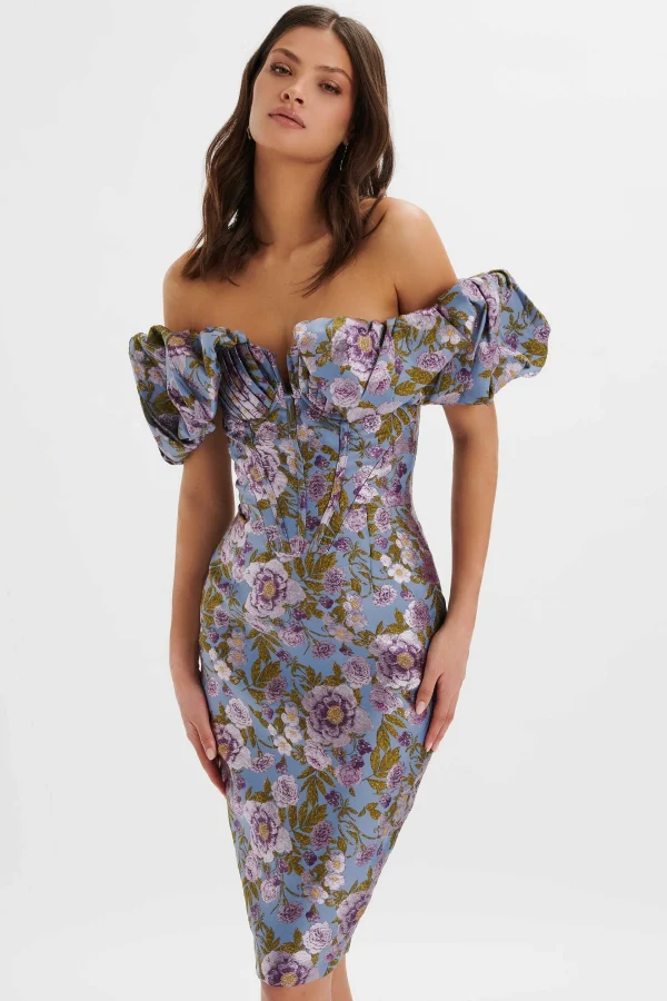 Online Lavish Alice Harlow Jacquard Corset Puff Sleeve Midi Dress In Blue Purple