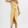 Online Lavish Alice Honey Asymmetric Pleated Bow Midi Dress In Pastel Yellow