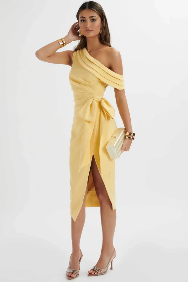 Online Lavish Alice Honey Asymmetric Pleated Bow Midi Dress In Pastel Yellow