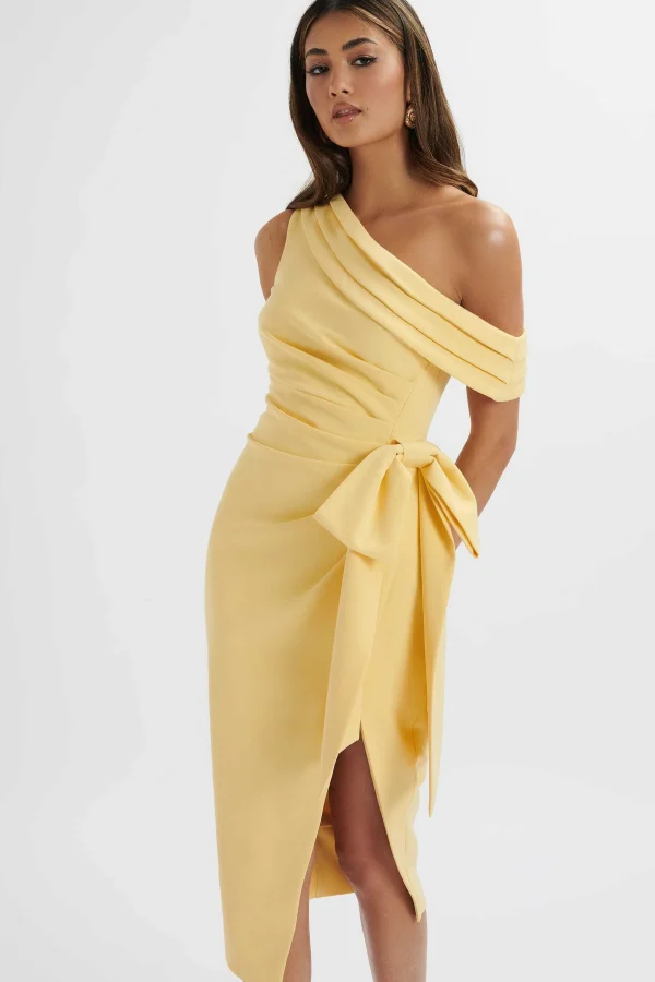 Online Lavish Alice Honey Asymmetric Pleated Bow Midi Dress In Pastel Yellow