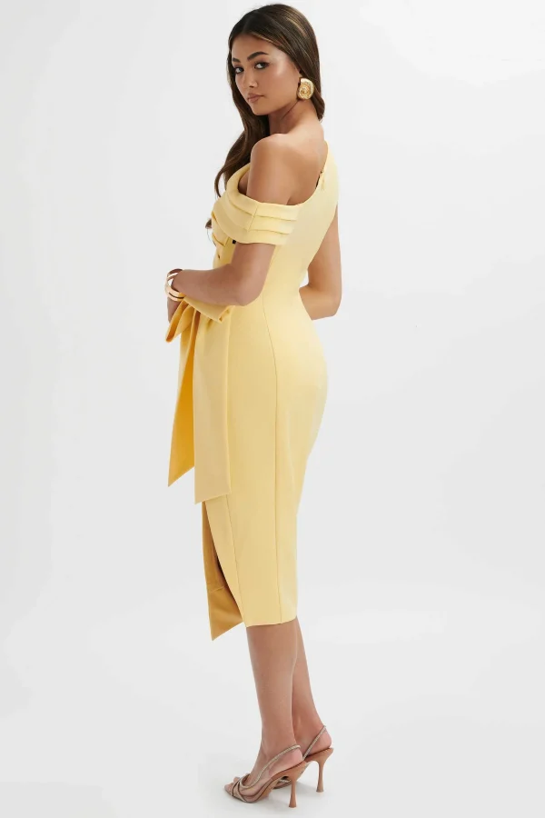 Online Lavish Alice Honey Asymmetric Pleated Bow Midi Dress In Pastel Yellow