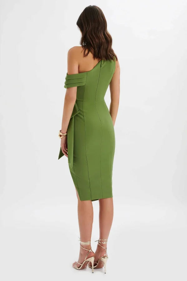 Fashion Lavish Alice Honey Asymmetric Pleated Bow Midi Dress In Green