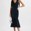 Discount Lavish Alice Indie Satin Cowl Neck Micro Button Longline Midi Dress In Navy