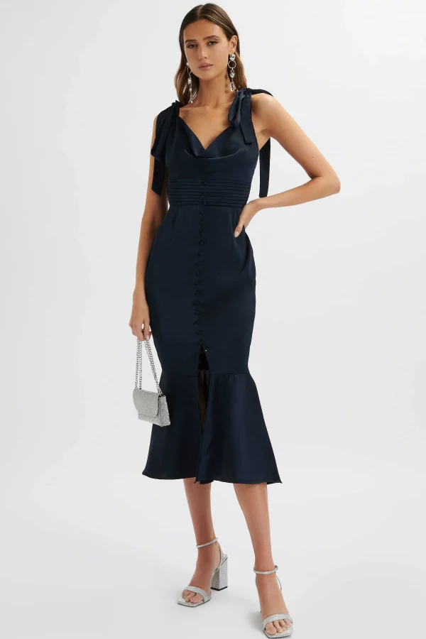 Discount Lavish Alice Indie Satin Cowl Neck Micro Button Longline Midi Dress In Navy