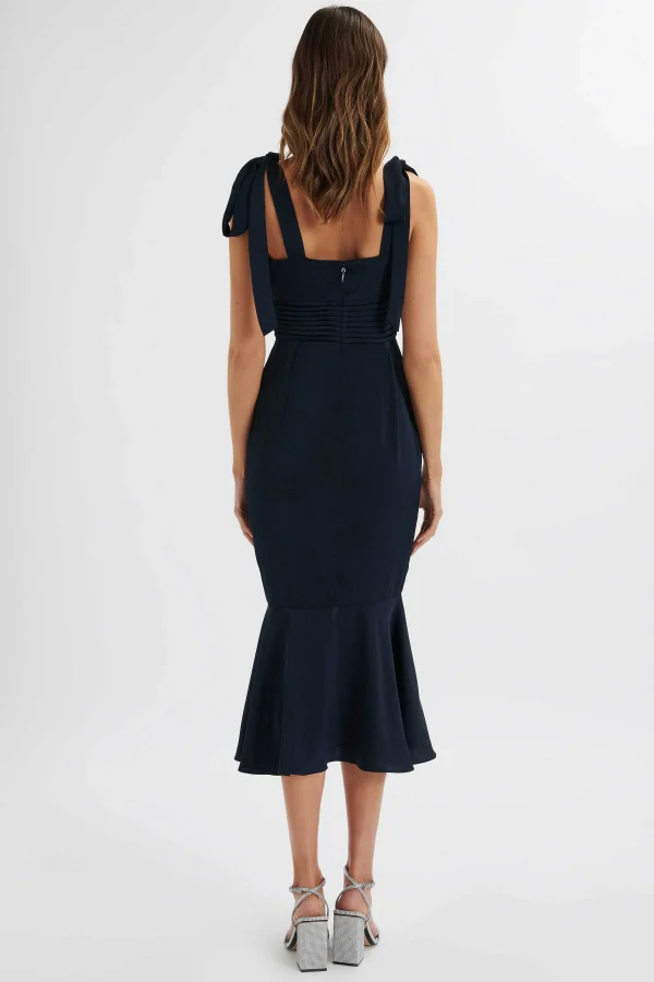 Discount Lavish Alice Indie Satin Cowl Neck Micro Button Longline Midi Dress In Navy