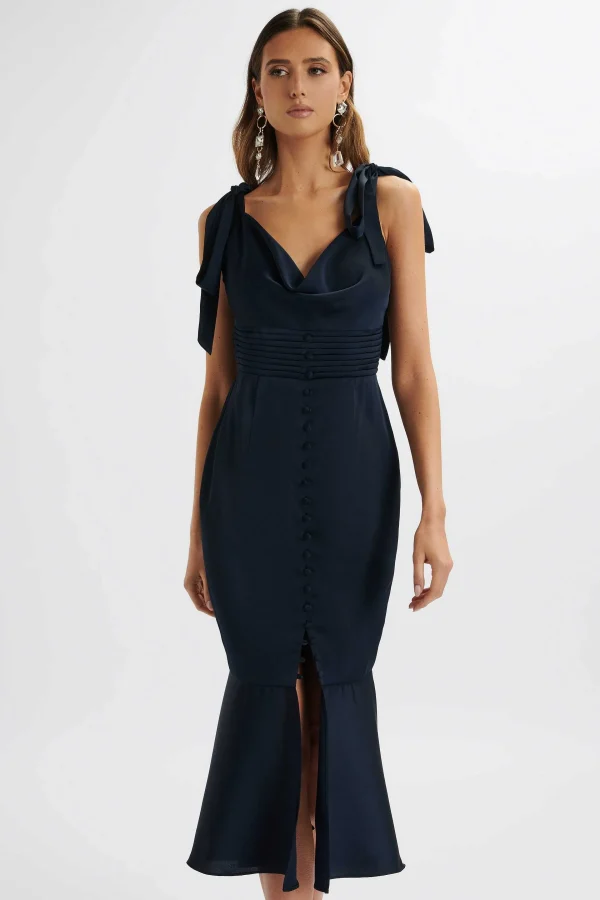 Discount Lavish Alice Indie Satin Cowl Neck Micro Button Longline Midi Dress In Navy