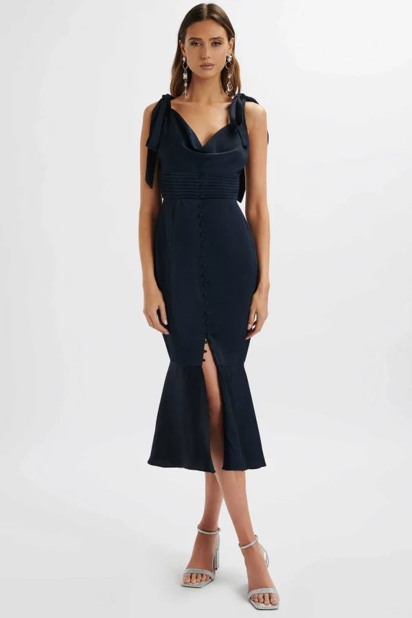 Discount Lavish Alice Indie Satin Cowl Neck Micro Button Longline Midi Dress In Navy