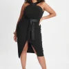 New Lavish Alice Isla Curve Satin Mix Cross Over Midi Dress In Black