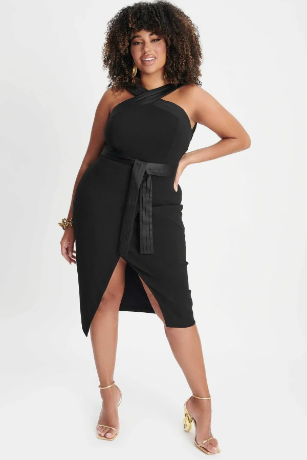 New Lavish Alice Isla Curve Satin Mix Cross Over Midi Dress In Black