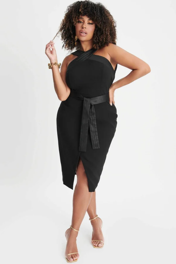 New Lavish Alice Isla Curve Satin Mix Cross Over Midi Dress In Black