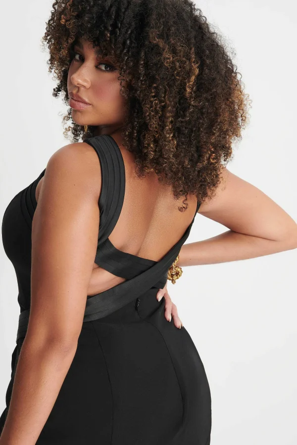 New Lavish Alice Isla Curve Satin Mix Cross Over Midi Dress In Black