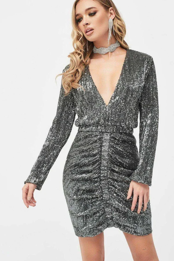 Fashion Lavish Alice Jade Ruched Sequin Mini Dress In Grey Sequin