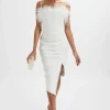 Clearance Lavish Alice Jessica Feather Bandeau Pleated Midi Dress In White