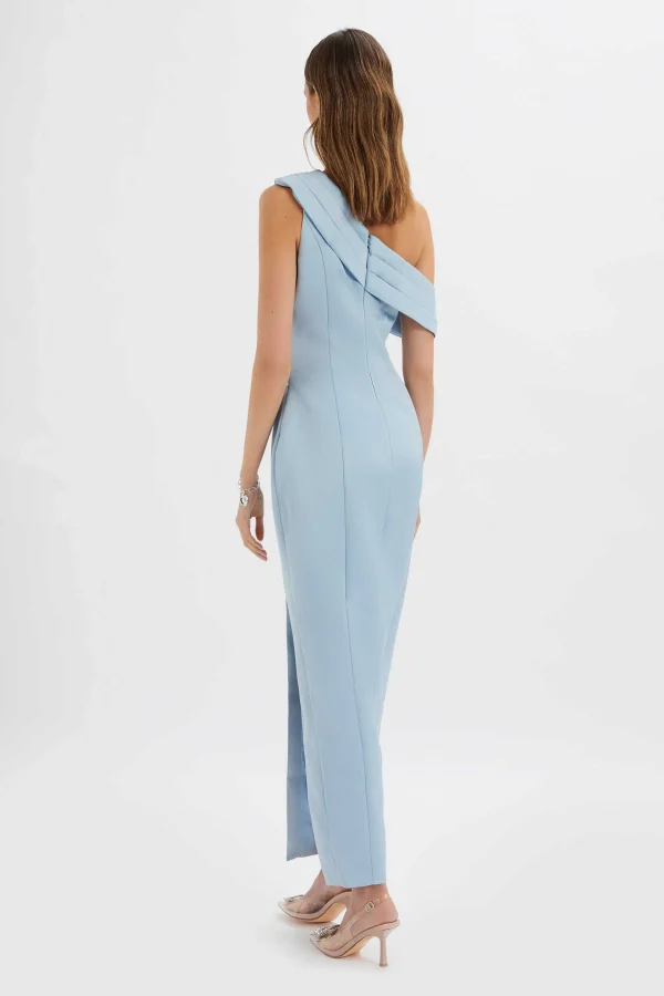 Online Lavish Alice Joanna Bonded Satin Pleated Maxi Dress In Dusty Blue